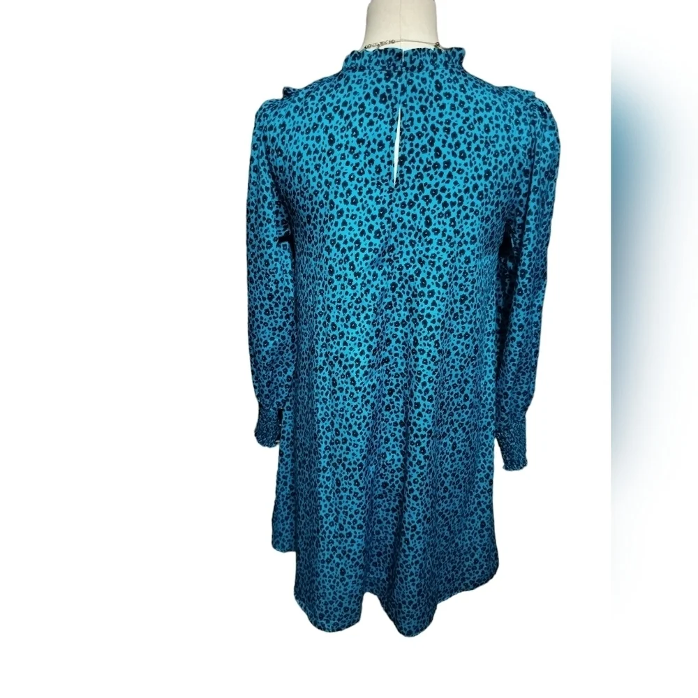 2461) New Look Blue Leopard Print Frill Smock Dress Size 10